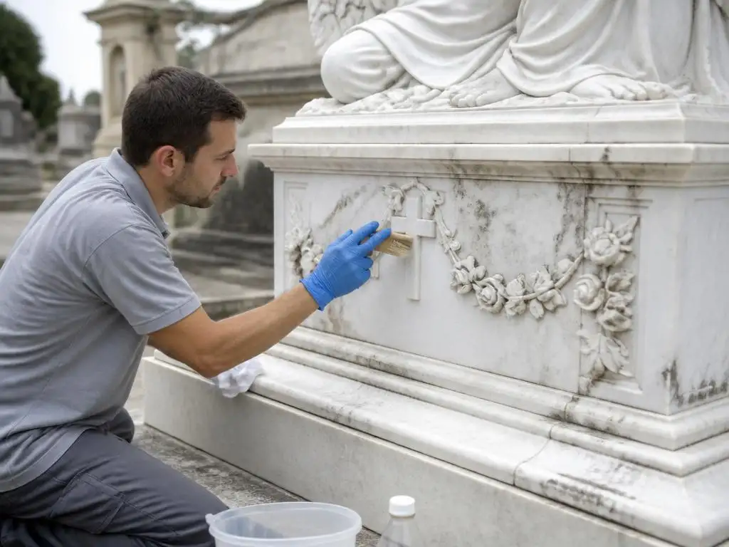Manutenzione conservativa del marmo bianco su lapidi e monumenti